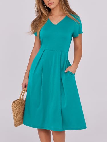 Image of ANRABESS Women Summer Dress Casual Short Sleeve V Neck A-Line Knee Length Pleated Flowy 2026 Fashion Midi Dresses with Pocket