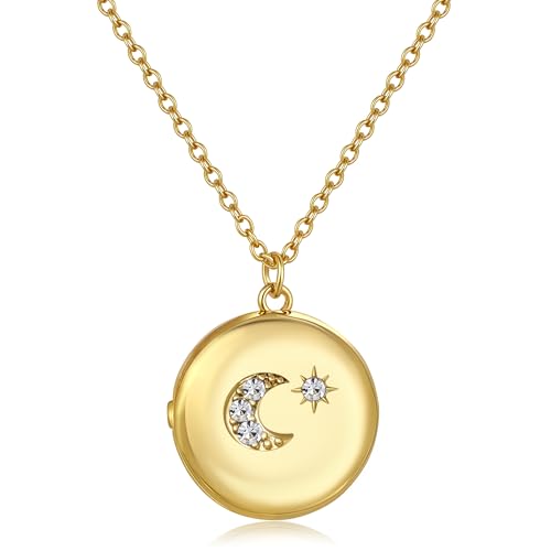 Gold Star Moon Butterfly Oval Locket Necklace that Holds Picture for Women Vintage 18K Gold Plated Photo Locket Pendant Memorial Necklace Personalized Jewelry Birthday Gifts