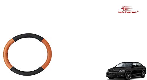 Image of Auto Oprema Car Dual Tone Steering Wheel Cover - Leather, Breathable, Anti Slip (Black-Tan) Customise Fitting for Octavia