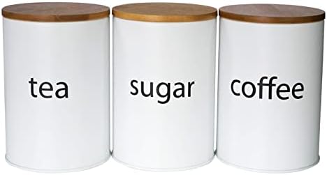 SOTECH 3Pcs White Metal Canisters Sugar Coffee Tea Storage Jars for Kitchen Countertop Round with Bamboo Lid Farmhouse Country Kitchen Decor