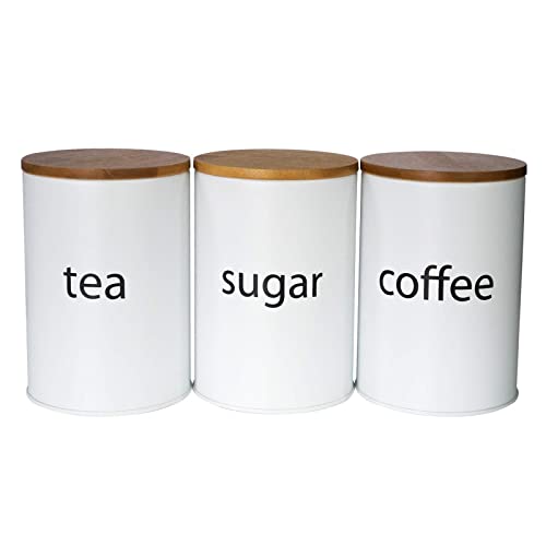 SOTECH 3Pcs White Metal Canisters Sugar Coffee Tea Storage Jars for Kitchen Countertop Round with Bamboo Lid Farmhouse Country Kitchen Decor