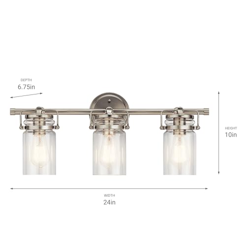 Image of Kichler Brinley 24 inch Vanity Light in Brushed Nickel, 3-Light Farmhouse Bathroom Vanity Light with Clear Glass, (24 inch W x 10 inch H), 45689NI