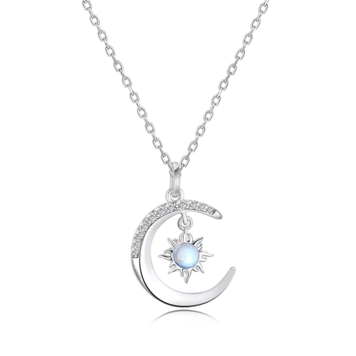 Silver Moon and Sun Necklace for Women, Moon Opal Pendant Necklace Dainty Trendy Celtic Necklace Jewelry Gift