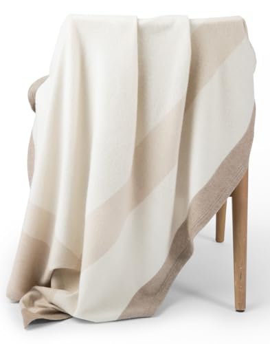 Jet&Bo 100% Pure Cashmere Throw Blanket Ultra Soft Woven Accent Blanket For Couch, Sofa & Bed Large 74 Inchx57 Inch White Beige Brown Stripe Pattern cover
