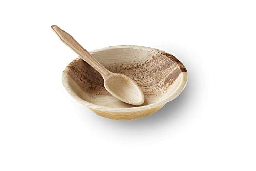 ECONUS Export Quality Bowl and Spoon Combo |(Pack of 25) 5 inch Disposable Round Bowls with 14 cm Areca Spoon (Pack of 25), Areca Palm Leaf Bowls for Party and Function