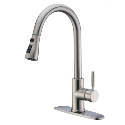 Comparison: Best Kitchen Faucet For Rental Property 2 WEWE Single Handle High Arc Brushed Nickel Pull Out Kitchen Faucet,Single Level Stainless Steel Kitchen Sink Faucets with Pull Down Sprayer,Suitable for Laundry Rv Bar