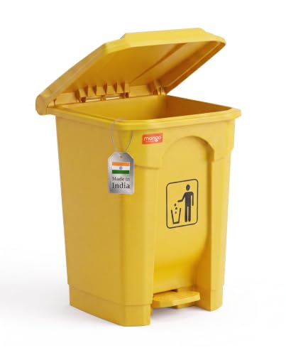 Image of pedal dustbin with lid, heavy duty plastic garbage bin, hands-free step-on waste bin for kitchen, office, home, hotel, bathroom & outdoor use