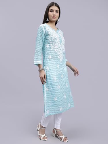 Image of Seva Chikan Hand Embroidered Lucknowi Chikankari Regular Fit Straight Malmal Cotton Kurta Kurti for Women SCL4458