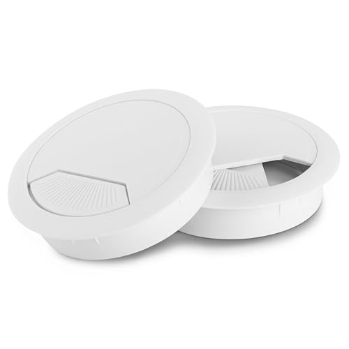 LouMaxx Lot de 2 Passe-Câbles de Bureau Blancs - 60 mm de Diamètre - Table en Plastique Solide - Couvercle de Trou Ajusté Avec Passe-Câble Stable