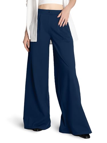 SAFORT Damen Stoffhose Einfarbig Wide Leg Elegante Hose mit Taschen Palazzo Elastisch Weite Lässig Causal Büro, 86cm, Marine Blau, XL
