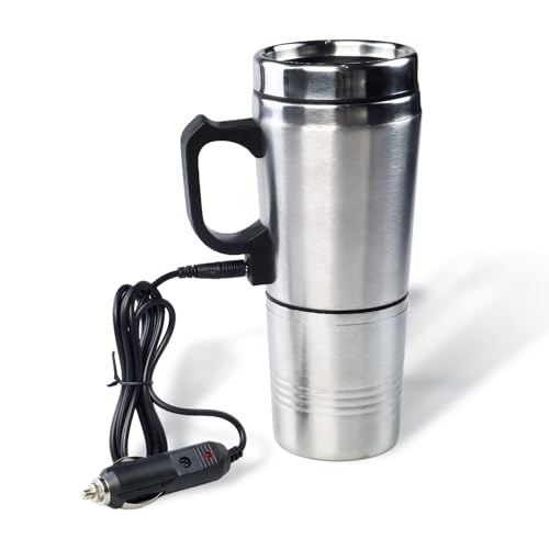 12V Car Heating Cup, Stainless Steel Electric Car Kettle with Cigarette Lighter Plug, Portable Travel Insulated Heated Mug, Vehicle Heated Coffee Cup Mug Warmer, for Hot Water Tea Coffee Making