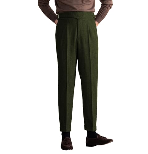 Men's Vintage Pants Tweed Herringbone Knit Pleated Pants Casual Business Suit Trousers