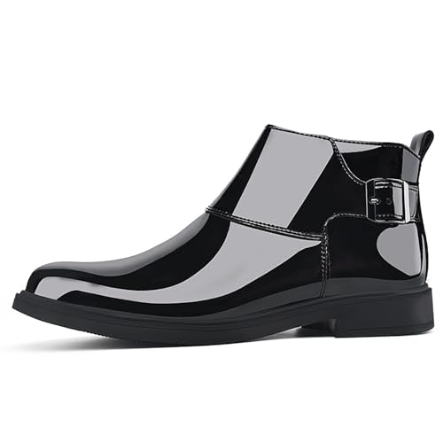 Men's Patent Leather Pointed Toe Dress Chelsea Boots Adjustable Buckle Inner Zipper Ankle Boots Casual Formal Business Booties2