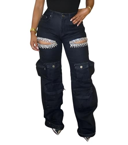 Women's Cutout Wide Leg Cargo Jeans Y2K High Waisted Baggy Denim Pants with Crystal Diamond Embellishments