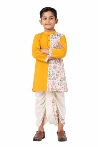 Image of Kids Ethnic Wear - Stylish Half Printed & Vibrant Color Pure Cotton Kurta with Elastic Waist Dhoti Set for Boys