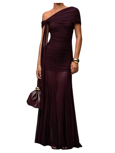 Verdusa Women's Wedding Guest Dresses Statement Holiday Dress Off Shoulder Corset Ruched Mesh Formal Outfits Red Violet Small