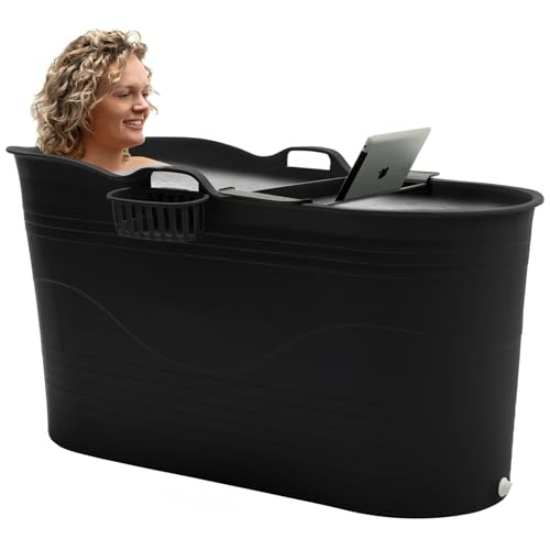 HelloBath® Mobile Badewanne XL 122x56x64 cm für Erwachsene | Tragbare Sitzbadewanne mit Abdeckhaube, Ablage, Seifenkorb & Ablaufschlauch | Badewanne für Dusche & Outdoor | Schwarz