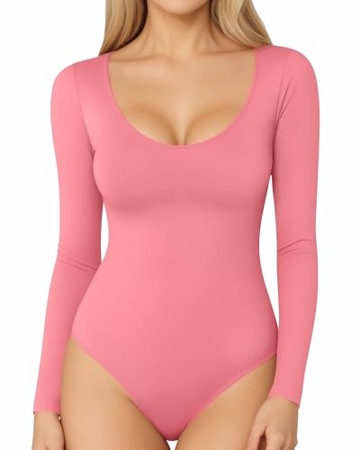 Image of MANGOPOP Women's Scoop Neck Long Sleeve Stretchy Basic Bodysuit Jumpsuits