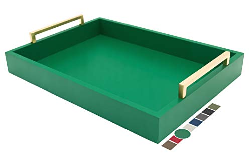 Montecito Home Decorative Coffee Table Tray - Ottoman Tray - Breakfast, Drinks, Liquor Serving Tray- from Farmhouse to Modern - Matte Finish - Champagne Gold Handles - Palm Frond Green