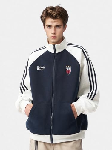 Image of Men's Women's Oversized Zip Up Color Block Mock Neck Hoodies Sweatshirt Letter Graphic Varsity Jacket