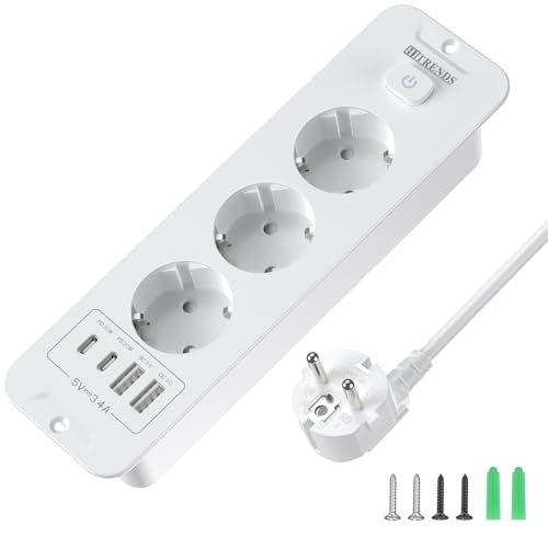 Versenkbare Steckdose mit USB, 3 Fach Einbausteckdose mit 2 USB, Tischplatte Versenkte Steckdose mit 2 USB C, Einbau Steckdosenleiste mit 2M Kabel für Arbeitsplatte Möbel, Weiß