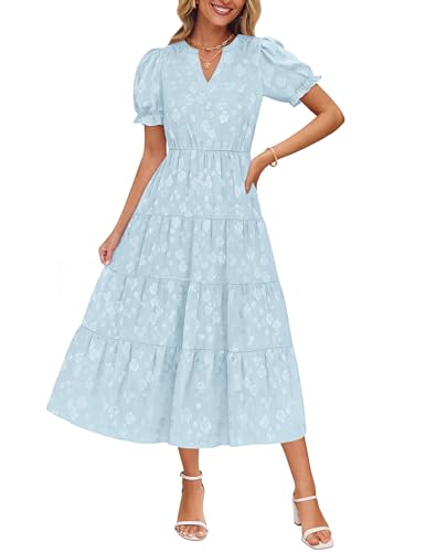 Image of ZESICA Womens Summer Floral Flowy Midi Dress 2026 Puff Short Sleeve V Neck Ruffle Tiered Beach Vacation Party Dresses