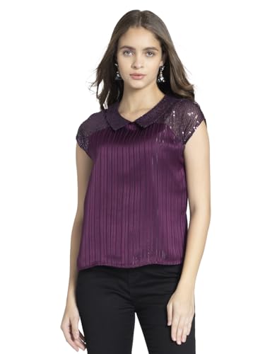 SHAYE Shirt Collar Purple Embellished Drop Shoulder Sleeves Party...