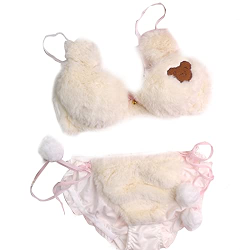 UNFAIRZQ Womens 2pcs Bra Panty Set Cute Bear Embroidery Fluffy Faux Fur Underwire Underwear Plush Ball Bow Japanese Anime Lingerie