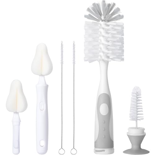 Image of CAREBABYMORE Baby Bottle Brush Set with Nipple Cleaner and Suction, 10.2" Cleaning Brush and 6.5" Sponge Bottle Brush with A Replacement Brush Head and Two 6.7" Straw Brushes, Pack of 5 (Gray)