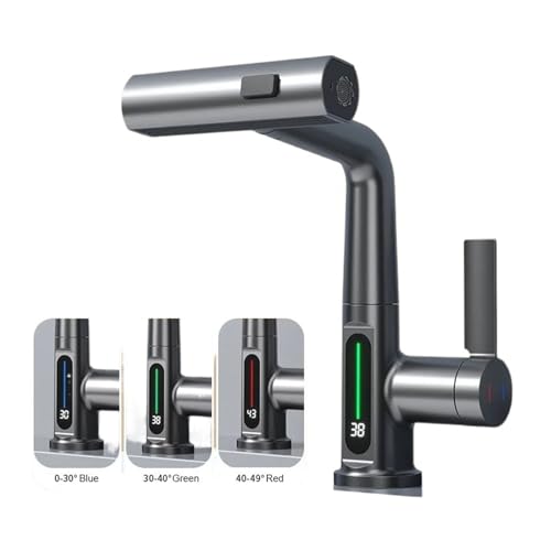 Grifo de elevación extraíble de alta gama con pantalla digital y diseño de cascada negro mate 4
