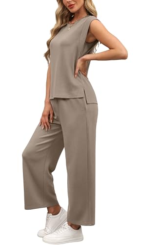OFEEFAN Lounge Sets for Women 2 Piece Matching Sets Spring Summer Outfits Casual Cap Sleeve Crewneck Wide Leg Pants4