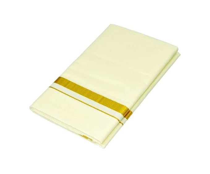 Men's Cotton Dhoti (Veshti/Mundu/Lungi) – 2M Unstitched – Single Golden Jari Border – Wedding, Temple & Ceremony Wear (1, Cream white/off white)-image-22