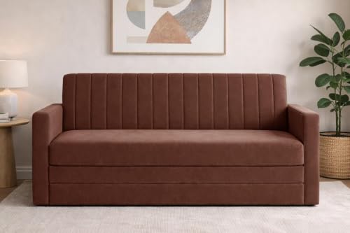 Image of Deco Studio Three Seater Sofa Cum Bed for Living Room | Convertible Sofa Bed | Vertical Channel Backrest | Space Saving Sofa Sleeper for Home, Guest Room & Office-Brown