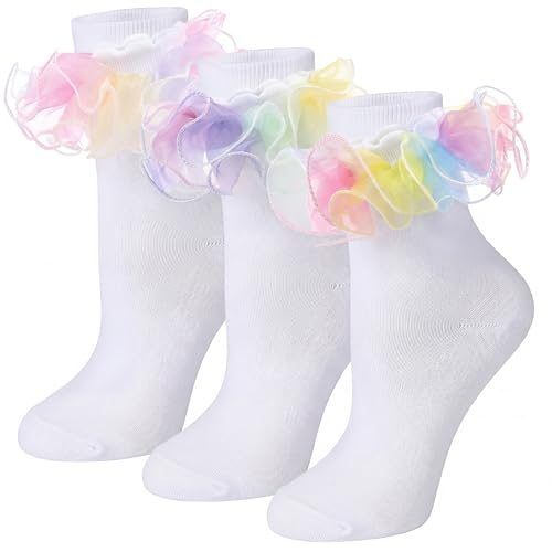 Image of Geyoga 3 Pairs Women Big Ruffle Socks Turn Cuff, Double Lace Ankle Cotton Frilly Socks for Ladies Summer