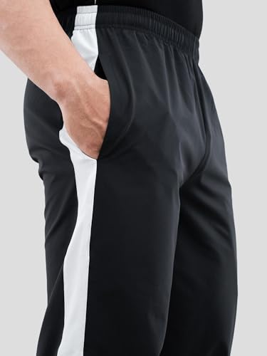 Image of Athflex Classic Stripe Pants for Men Straight Fit Lightweight Parachute Fabric Track Pants Men Athletic Bottom Wear Casual Street Style Lounge Pants Black