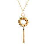 COLORFUL BLING Handmade Braided Rattan Straw Wicker Y-Shaped Long Chain Tassel Necklace Wooden Beads