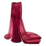 UMSTANDSKLEID FÜR DAMEN, SPITZE, LANGÄRMELIG, FOTOGRAFIE-KLEID FÜR SCHWANGERE, SCHLEPPKLEID, WEINROT, XL