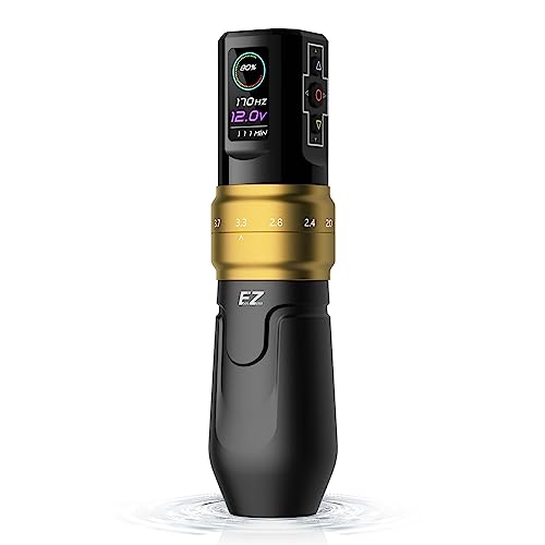 EZ P3 Pro Drahtlose Tattoo Maschine - 6 Anschläge 2.0, 2.4, 2.8, 3.3, 3.7, 4.2mm Bluetooth Tattoo Maschine mit OLED Digitalanzeige 1600mAh Akkuleistung (Mattes Goldene)