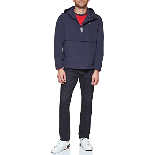Image of Tommy Hilfiger Men's Retro Lightweight Taslan Hooded Popover Water Resistant Windbreaker Jacket, New Navy, L