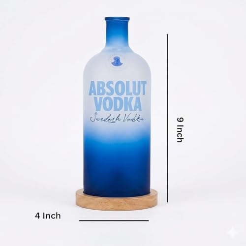 Image of Upcycled Vodka Decorative Bottle Lamp with Wooden Base & Built-in LED Light | Stylish Home & Bar Decor (Blue)