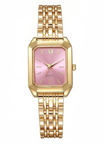 BESTKANG Watches for Women Wrist Watches Steel Strap Womens Watch Casual Fashion Simple Square Quartz Wristwatch (Gold-Pink)
