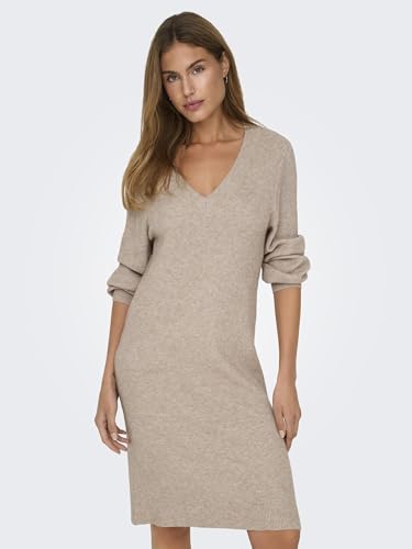 Abito Maglia Donna Lunghezza Midi Scollo A V Maniche A Palloncino Elegante, Colore:Beige, Taglia:S - 6