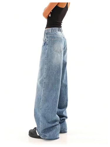 SweatyRocks Girl's Wide Leg Denim Pants Elastic Waist Loose Y2K Jeans Long Trousers2