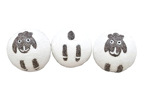 Pachamama Handmade XL Wool Tumble Dryer Balls 7cm 3 Pk Reduce Drying Time Save Energy Fabric Soften Reduce Static Reduce Wrinkles Unscented Long Life - Cute Sheep Pattern Felted by Hand Fair Trade
