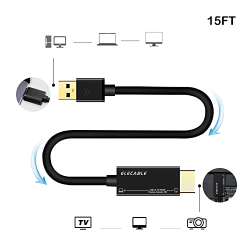 Elecable Usb To Hdmi Adapter Cable 15 Ft For Mac Os Windows 11/10/8/7, Usb 3.0 To Hdmi Male Hd 1080P Monitor Display Audio Video Converter Cord. (15Ft) #TOP1