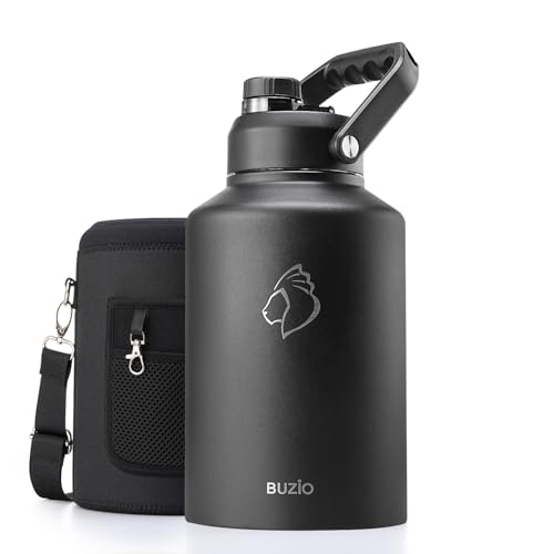 BUZIO 1 Gallon Water Bottle Insulated (Cold for 48 Hrs) 3.58in Big Wide Mouth Leak Proof 128oz Large Water Jug Stainless Steel Metal Flask with Handle for Camping Outdoor Work Travel Hiking Black