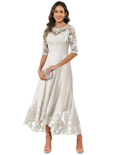 VCCICANY Tea Length Lace Ivory Dress With Sleeves