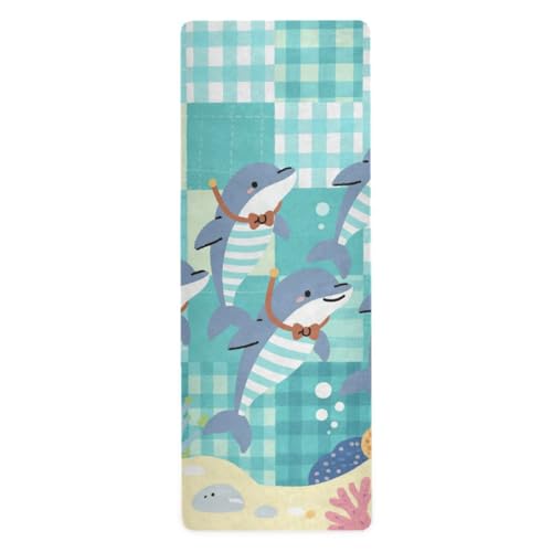 Yoga-Handtuch mit Cartoon-Motiv, Motiv: Delfin, Tauchen und Yoga, bedruckt, rutschfest, 180,3 x 66 cm, Grün