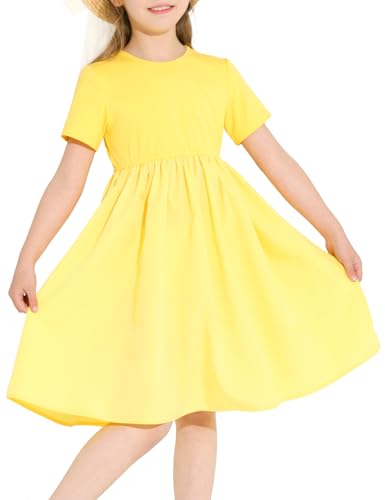Girls Dresses Short Sleeve A Line Swing Skater Twirl Summer Casual Party School Dress with Pockets