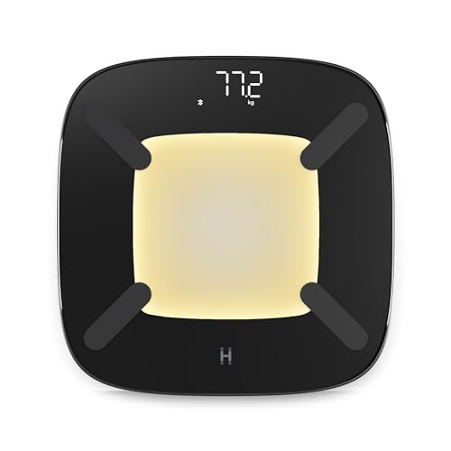 HoMedics glo Body Analyser Básculas - Báscula de baño con luz con sensor de movimiento, Base de plástico 100% reciclado, Pantalla digital de precisión, Opciones de lbs/kgs/st, Vidrio templado